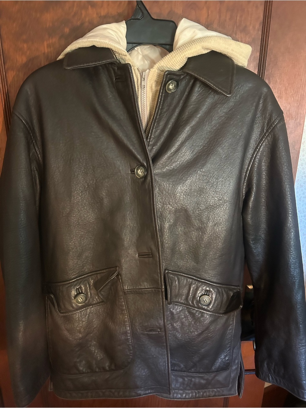 Men's Brown Leather Jacket with Cream Hooded Liner